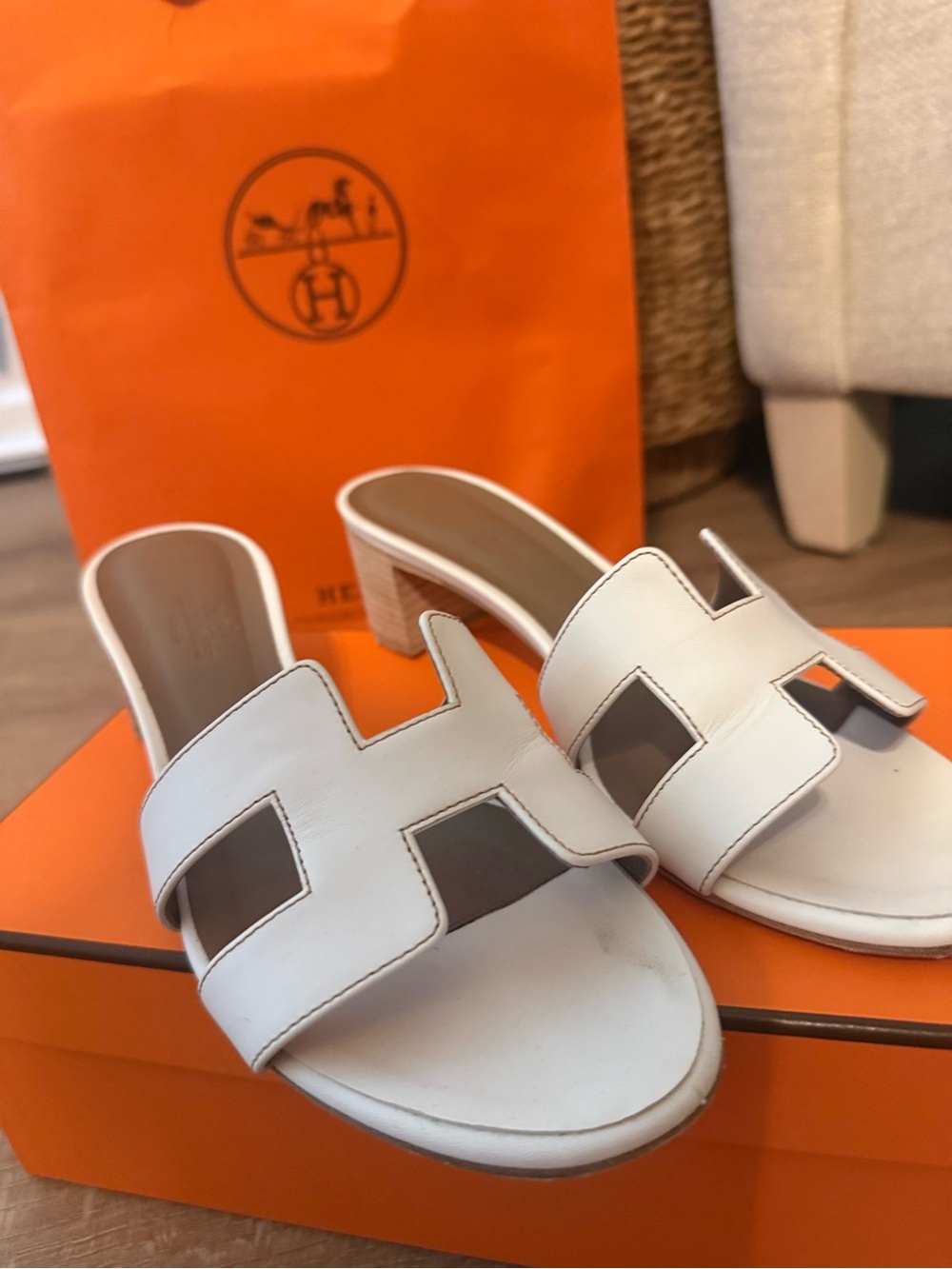 Hermes White Oran Slide Sandals - Women